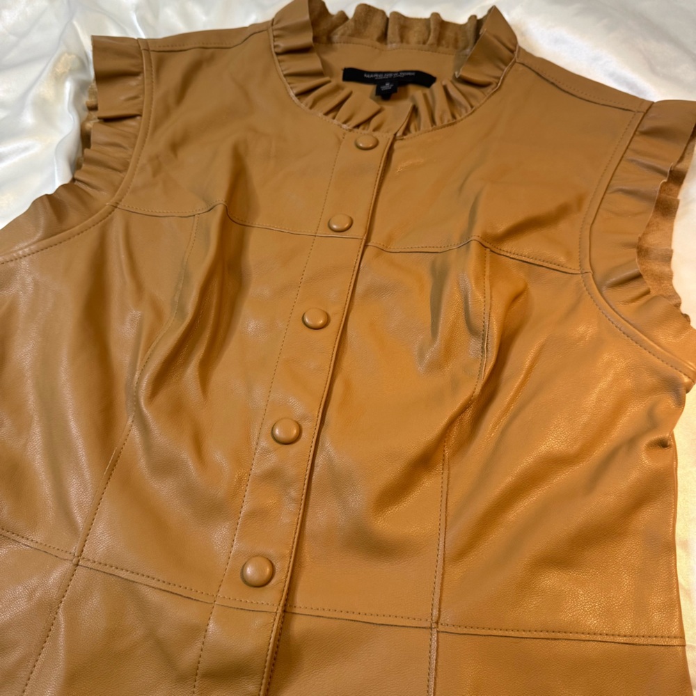 Women's Tan Faux Leather Button-Up ruffle Top - Picture 2 of 6